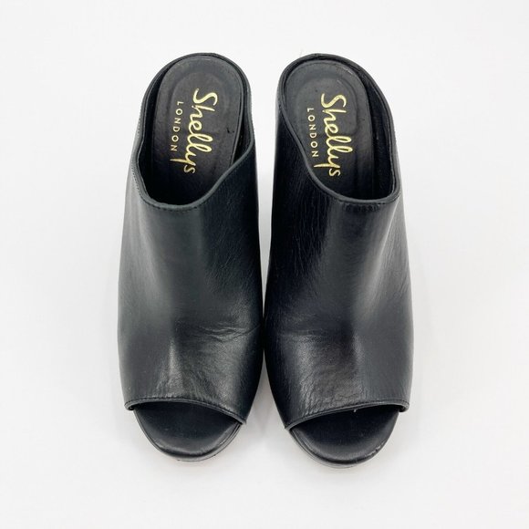 Black Leather Platform Mule Peep Toe Patent Block Heels - Picture 6 of 9